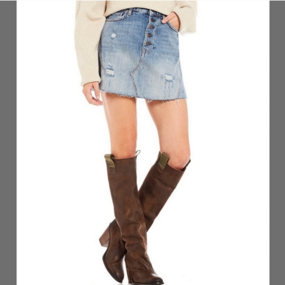 Free People High Waist Distressed Denim Mini Skirt